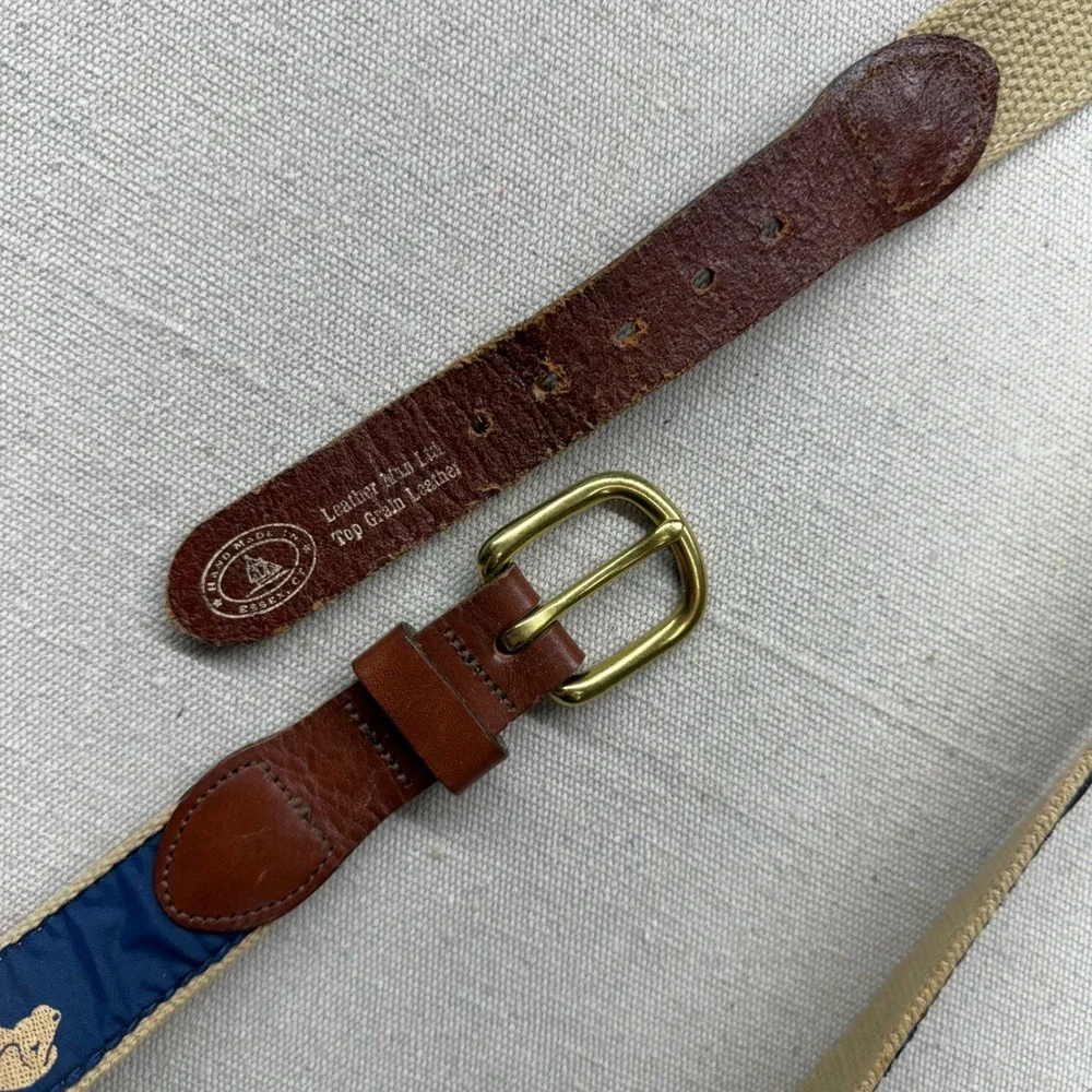 Vintage Surcingle Belt Navy Tan Canvas Leather Lab Dog Head Embroidery Size 42